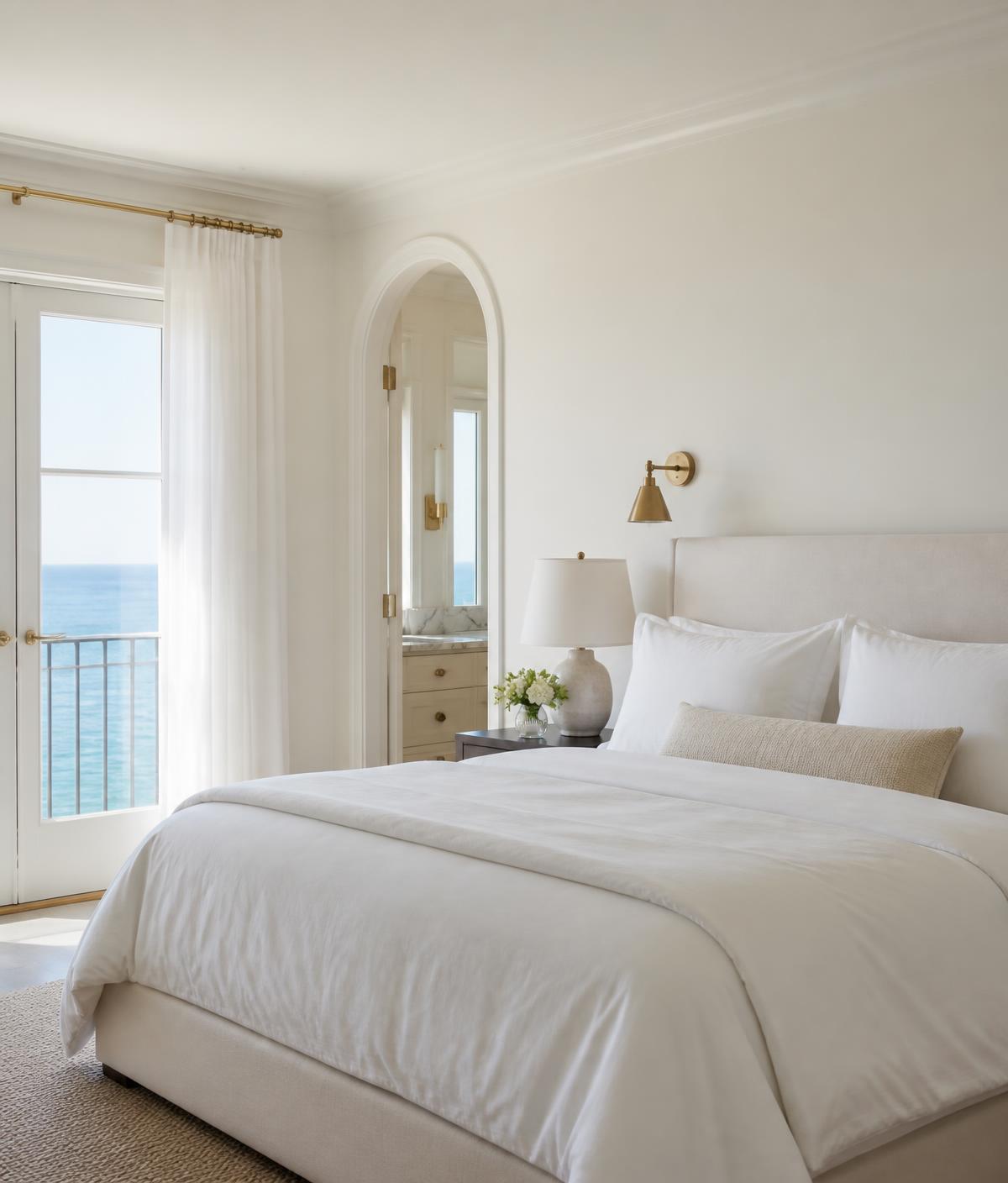 Immaculate coastal bedroom with crisp white linens prepared for homeowner arrival